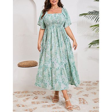 Women's Plus Size Floral Square Neck Flounce Short Sleeve A Line Maxi Dress