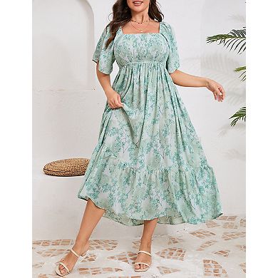 Women's Plus Size Floral Square Neck Flounce Short Sleeve A Line Maxi Dress