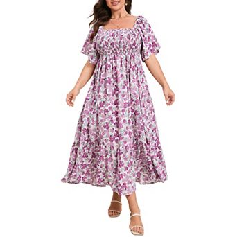 Women's Plus Size Floral Square Neck Flounce Short Sleeve A Line Maxi Dress