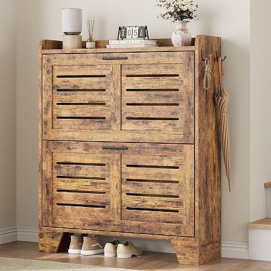 Narrow Shoe Cabinet with 2 Flip Drawers and Hooks Slim Hidden Shoe Storage Organizer for Entryway
