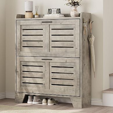 Narrow Shoe Cabinet with 2 Flip Drawers and Hooks Slim Hidden Shoe Storage Organizer for Entryway
