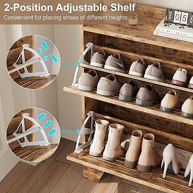 Narrow Shoe Cabinet with 2 Flip Drawers and Hooks Slim Hidden Shoe Storage Organizer for Entryway