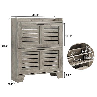 Narrow Shoe Cabinet with 2 Flip Drawers and Hooks Slim Hidden Shoe Storage Organizer for Entryway