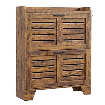 Narrow Shoe Cabinet with 2 Flip Drawers and Hooks Slim Hidden Shoe Storage Organizer for Entryway