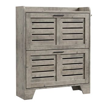 Narrow Shoe Cabinet with 2 Flip Drawers and Hooks Slim Hidden Shoe Storage Organizer for Entryway