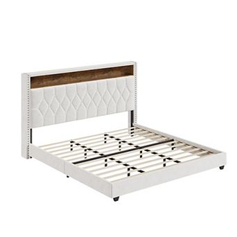 Upholstered Platform Bed with LED Light and Charging Station, Wooden Slats Support