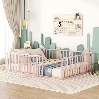Lufeiya Queen Size Metal Floor Bed Frame with Fence, Door, and Open Base Design