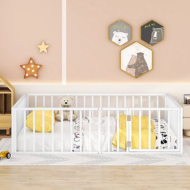 Lufeiya Queen Size Metal Floor Bed Frame with Fence, Door, and Open Base Design