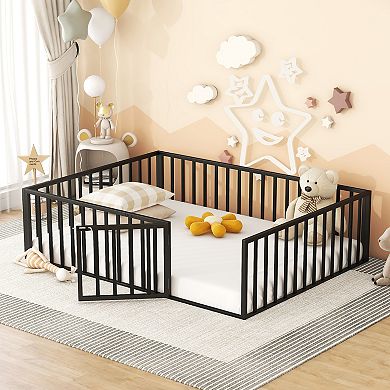 Lufeiya Queen Size Metal Floor Bed Frame with Fence, Door, and Open Base Design