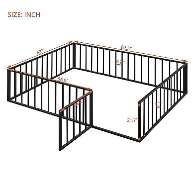 Lufeiya Queen Size Metal Floor Bed Frame with Fence, Door, and Open Base Design