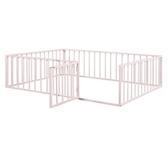 Lufeiya Queen Size Metal Floor Bed Frame with Fence, Door, and Open Base Design