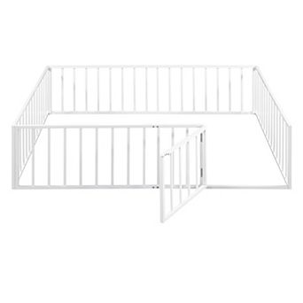 Lufeiya Queen Size Metal Floor Bed Frame with Fence, Door, and Open Base Design