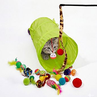 21 pc Cat Toy Set with Collapsible Cat Tunnel Interactive Balls Mice Feather Toys for Cats