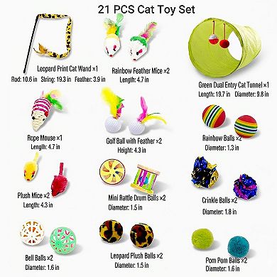21 Piece Cat Toy Set with Collapsible Cat Tunnel Interactive Balls Mice Feather Toys for Cats