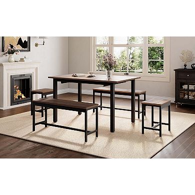 5-Piece Extendable Dining Table Set for 4-8 People, 63 Inch Kitchen Table with 2 Benches & 2 Stools