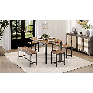 5-Piece Extendable Dining Table Set for 4-8 People, 63 Inch Kitchen Table with 2 Benches & 2 Stools