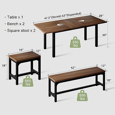 5-Piece Extendable Dining Table Set for 4-8 People, 63 Inch Kitchen Table with 2 Benches & 2 Stools