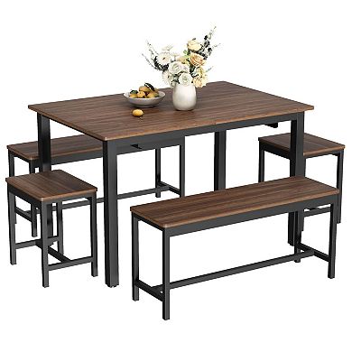 5-Piece Extendable Dining Table Set for 4-8 People, 63 Inch Kitchen Table with 2 Benches & 2 Stools