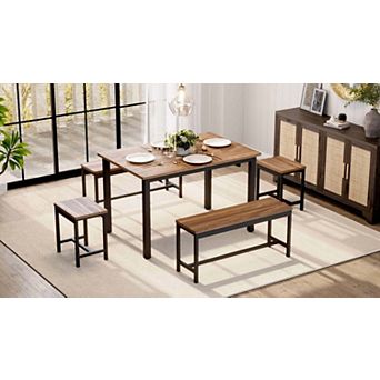 5 pc Extendable Dining Table Set for 4-8 People, 63 Inch Kitchen Table with 2 Benches & 2 Stools