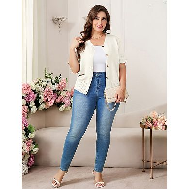 Women Plus Size Short Sleeve Lightweight Loose Cardigan