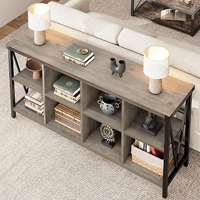 Sofa Table,3 Tier Metal Horizontal Bookshelf with 8 Cube Storage for Living Room, Entryway