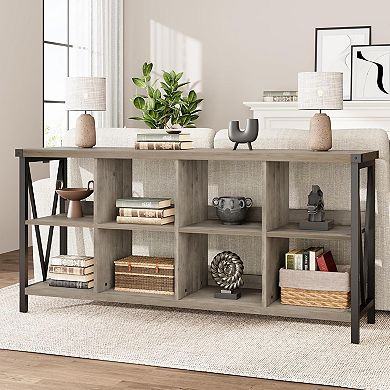 Sofa Table,3 Tier Metal Horizontal Bookshelf with 8 Cube Storage for Living Room, Entryway