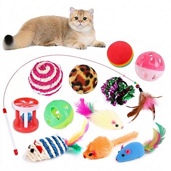 12 Pack Cat Toy Variety Set with Wand Toy Plush Mice Balls Bell Toys for Indoor Cats