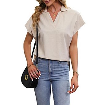 Women's Casual Summer Textured V Neck Collared Shirt Short Sleeve Work Blouse Boho Top