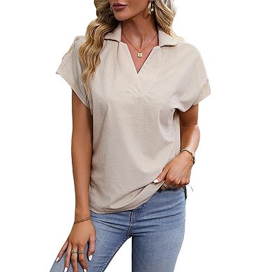 Women's Casual Summer Textured V Neck Collared Shirt Short Sleeve Work Blouse Boho Top