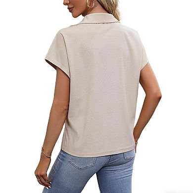 Women's Casual Summer Textured V Neck Collared Shirt Short Sleeve Work Blouse Boho Top