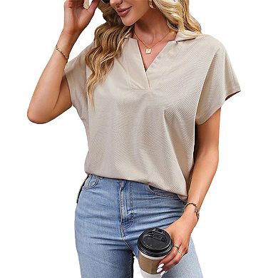 Women's Casual Summer Textured V Neck Collared Shirt Short Sleeve Work Blouse Boho Top