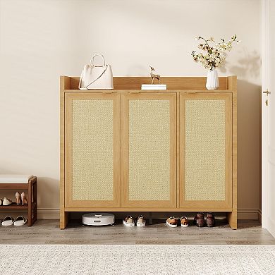 Rattan Shoe Storage Cabinet with 3 Doors Wooden Entryway Organizer with Adjustable Shelves