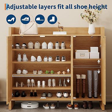 Rattan Shoe Storage Cabinet with 3 Doors Wooden Entryway Organizer with Adjustable Shelves