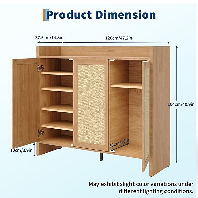 Rattan Shoe Storage Cabinet with 3 Doors Wooden Entryway Organizer with Adjustable Shelves