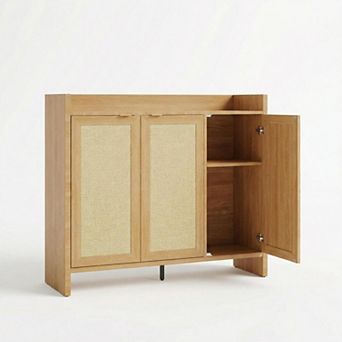 Rattan Shoe Storage Cabinet with 3 Doors Wooden Entryway Organizer with Adjustable Shelves
