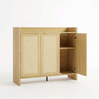 Rattan Shoe Storage Cabinet with 3 Doors Wooden Entryway Organizer with Adjustable Shelves