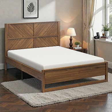 Lufeiya Queen Platform Bed Frame with Chevron Wood Headboard, Sled Footboard, Storage Clearance