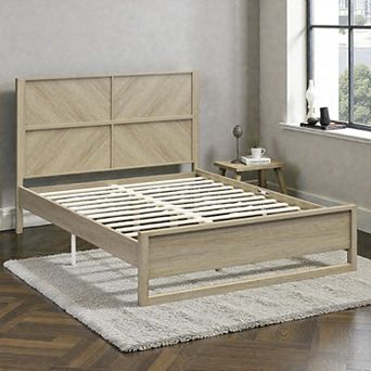Lufeiya Queen Platform Bed Frame with Chevron Wood Headboard, Sled Footboard, Storage Clearance
