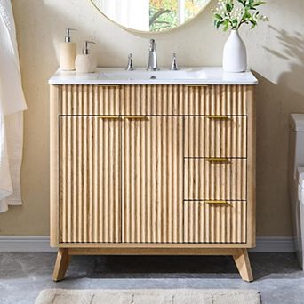 Modern Fluted Bathroom Vanity with Sink, Wood Storage Cabinet with 3 Drawers & Closing Door