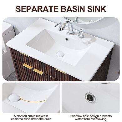 Modern Fluted Bathroom Vanity with Sink, Wood Storage Cabinet with 3 Drawers & Closing Door