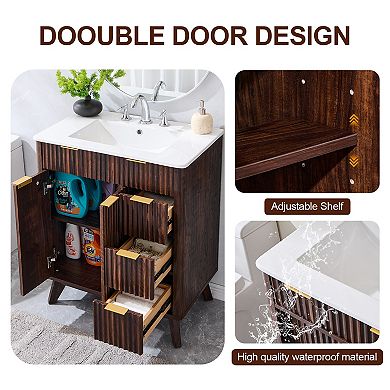 Modern Fluted Bathroom Vanity with Sink, Wood Storage Cabinet with 3 Drawers & Closing Door