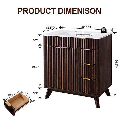 Modern Fluted Bathroom Vanity with Sink, Wood Storage Cabinet with 3 Drawers & Closing Door