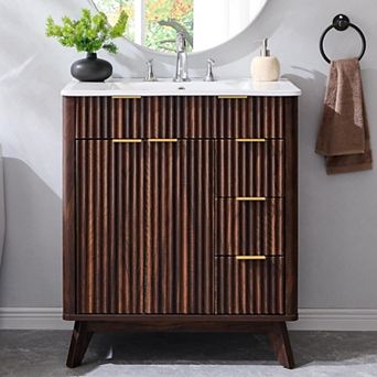 Modern Fluted Bathroom Vanity with Sink, Wood Storage Cabinet with 3 Drawers & Closing Door