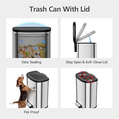 13.2 Gal Kitchen Trash Can, Stainless Steel Step-on Garbage Can Trash Bin with Removable Buckets