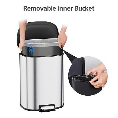 13.2 Gal Kitchen Trash Can, Stainless Steel Step-on Garbage Can Trash Bin with Removable Buckets