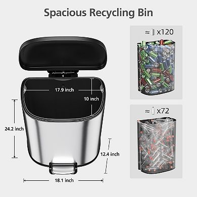 13.2 Gal Kitchen Trash Can, Stainless Steel Step-on Garbage Can Trash Bin with Removable Buckets