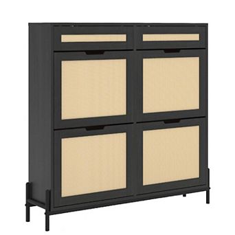 Rattan Shoe Cabinet with 4 Flip Drawers & 2 Top Drawers Slim Wooden Organizer w/Adjustable Shelves