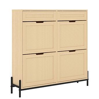 Rattan Shoe Cabinet with 4 Flip Drawers & 2 Top Drawers Slim Wooden Organizer w/Adjustable Shelves