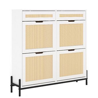 Rattan Shoe Cabinet with 4 Flip Drawers & 2 Top Drawers Slim Wooden Organizer w/Adjustable Shelves