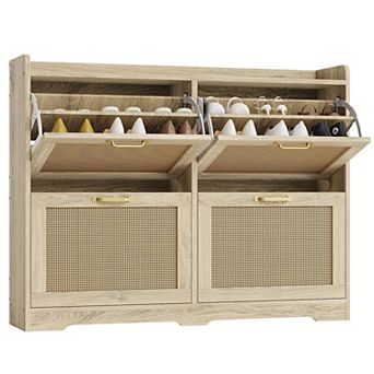 Rattan Shoe Cabinet with 4 Flip Drawers Breathable Hidden Shoe Storage for Entryway